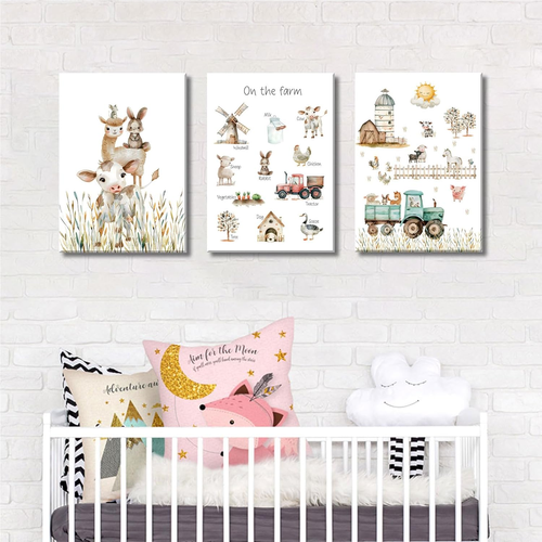 3Pcs Farm Animals Nursery Canvas Wall Art Baby Barnyard Small Animals