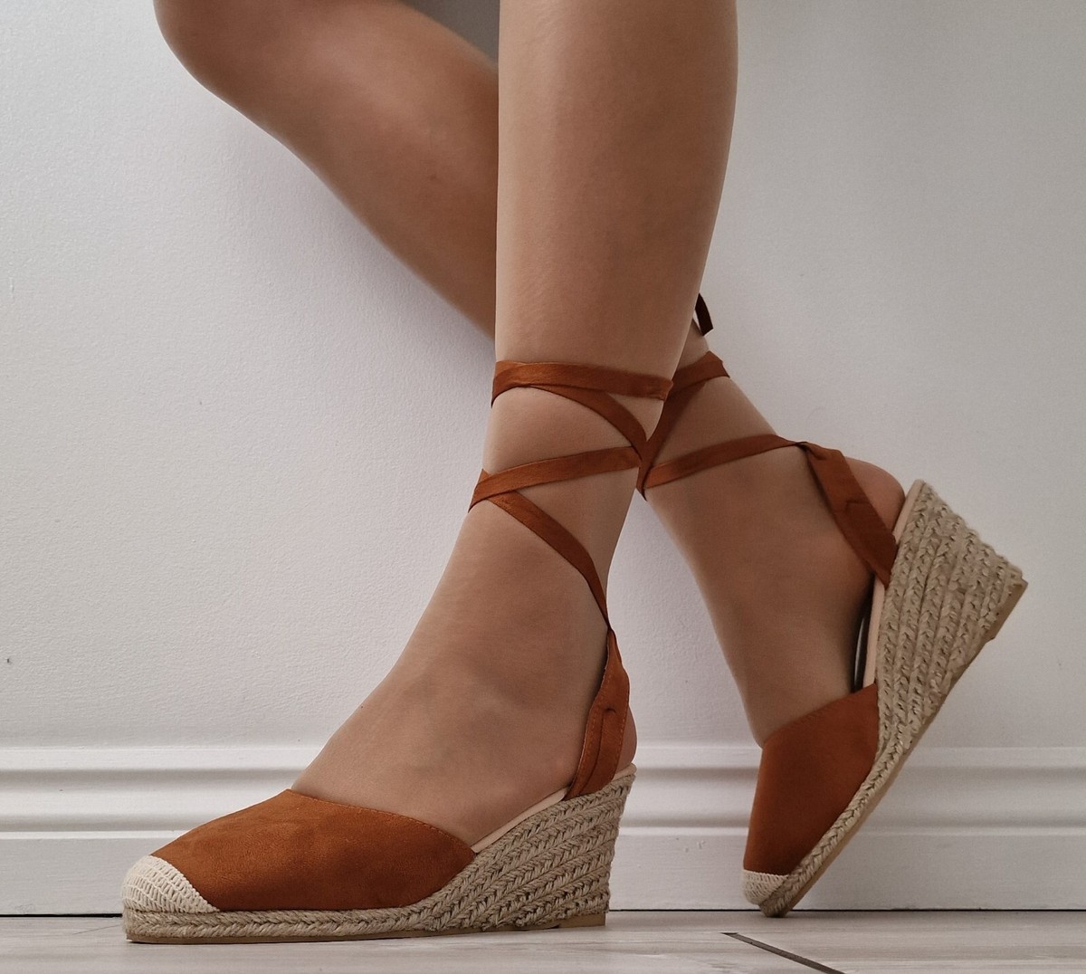 Suede Ankle Tie Wedges Womens Camel Espadrille Sandals Ankle Strap