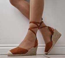 Womens Camel Espadrille Sandals Ankle Strap Tie Up Wedge Heel Platform Shoes New