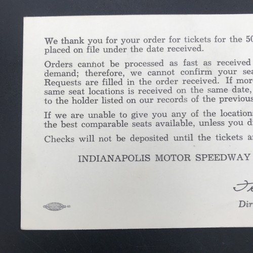 Vintage Indianapolis Motor Speedway Corp 500 Ticket Order Confirmation Postcard - Picture 2 of 4