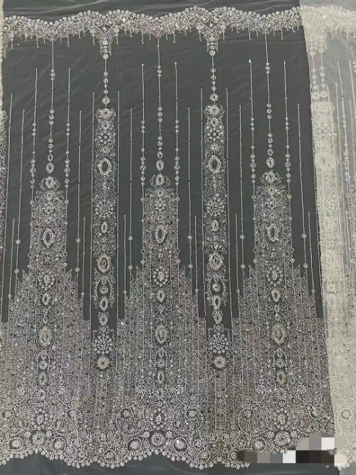 NEW Luxery Beads Lace Fabric White Silvery Wedding Lace Fabric Material
