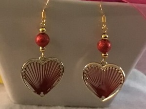 Authentic Gold Plated Thread Wrapped Wine Red Heart Earrings