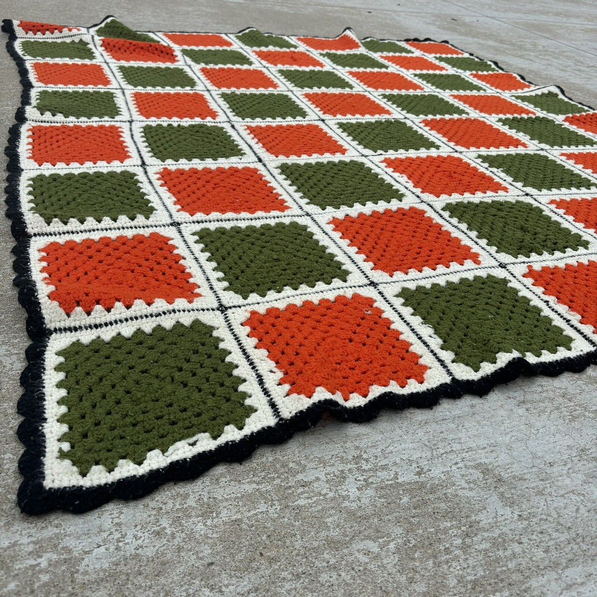 Vintage Afghan 52 X 62” Granny Square Throw Orange & Green Hand