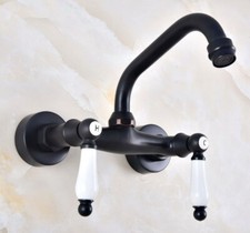 Oil Rubbed Bronze Bathroom Basin Sink Faucet Dual Handles Mixer Tap Wall Mount
