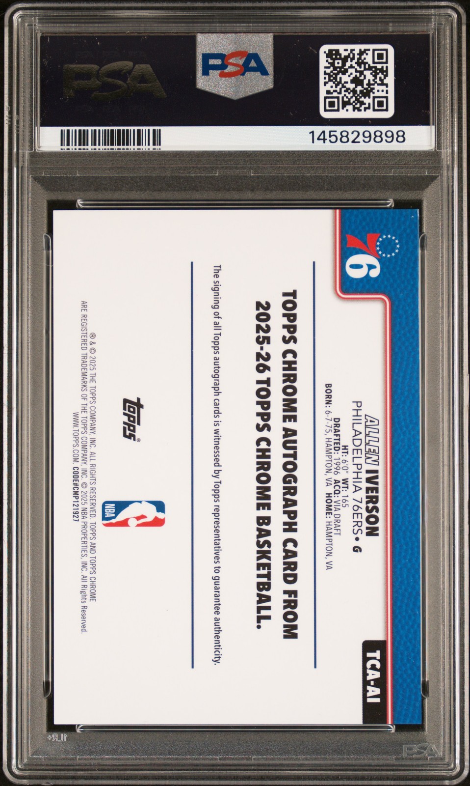 2025 Topps Chrome Allen Iverson Auto #/25 PSA 10 True Orange Refractor Autograph view 2