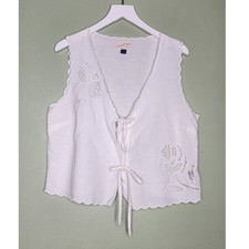 Off White Tie Front Linen Blend Eyelet Vest T...