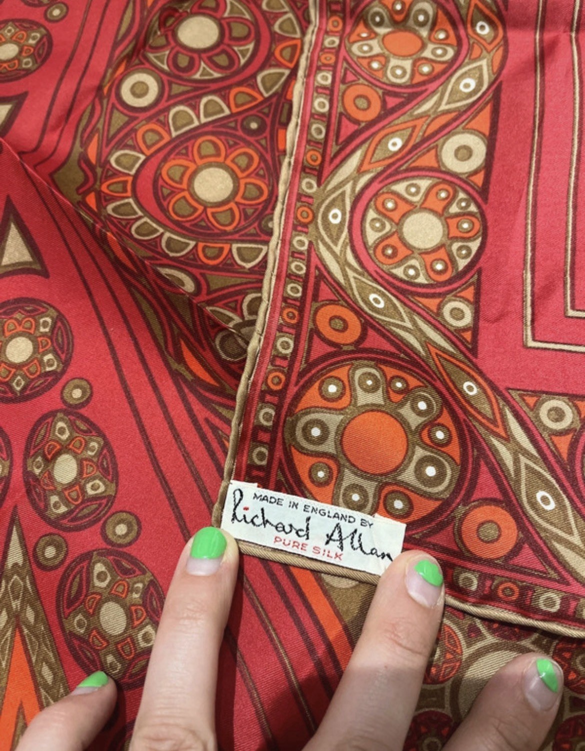 Richard Allan Pure Silk Scarf Red Geometric Pattern Vintage Made in England