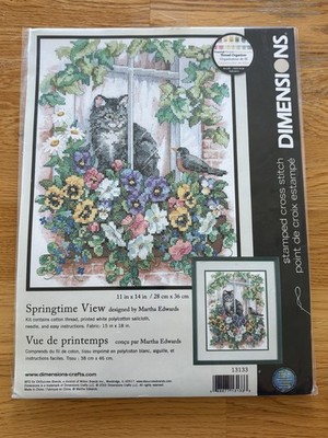Dimensions Springtime View Stamped Cross Stitch Kit Cat Bird Flowers Window