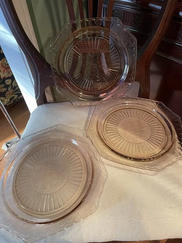Vintage Anchor Hock Mayfair Open Rose Depression Glass  Dinner Plates USA CHIP
