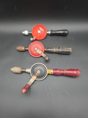 3 Vintage Egg Beater Style Hand Drills 2 Stanley 1 Miller-Falls