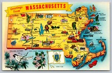 Vintage Postcard- Massachusetts Map and Topics Chicadee and Arbutus
