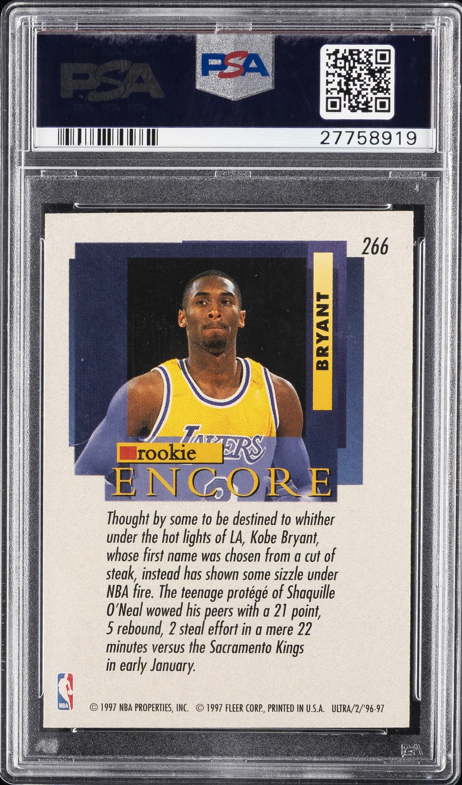 1996 FLEER ULTRA #266 KOBE BRYANT ROOKIE RC PSA 8 view 2