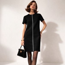 Lisa Perry Black Wool Shift Dress White Trim Mod 60s Pockets Size 10 Made USA