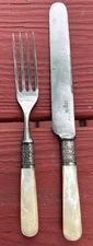 Antique Meriden Cutlery Co. Sterling Bands Mother Of Pearl Knife Fork Flatware