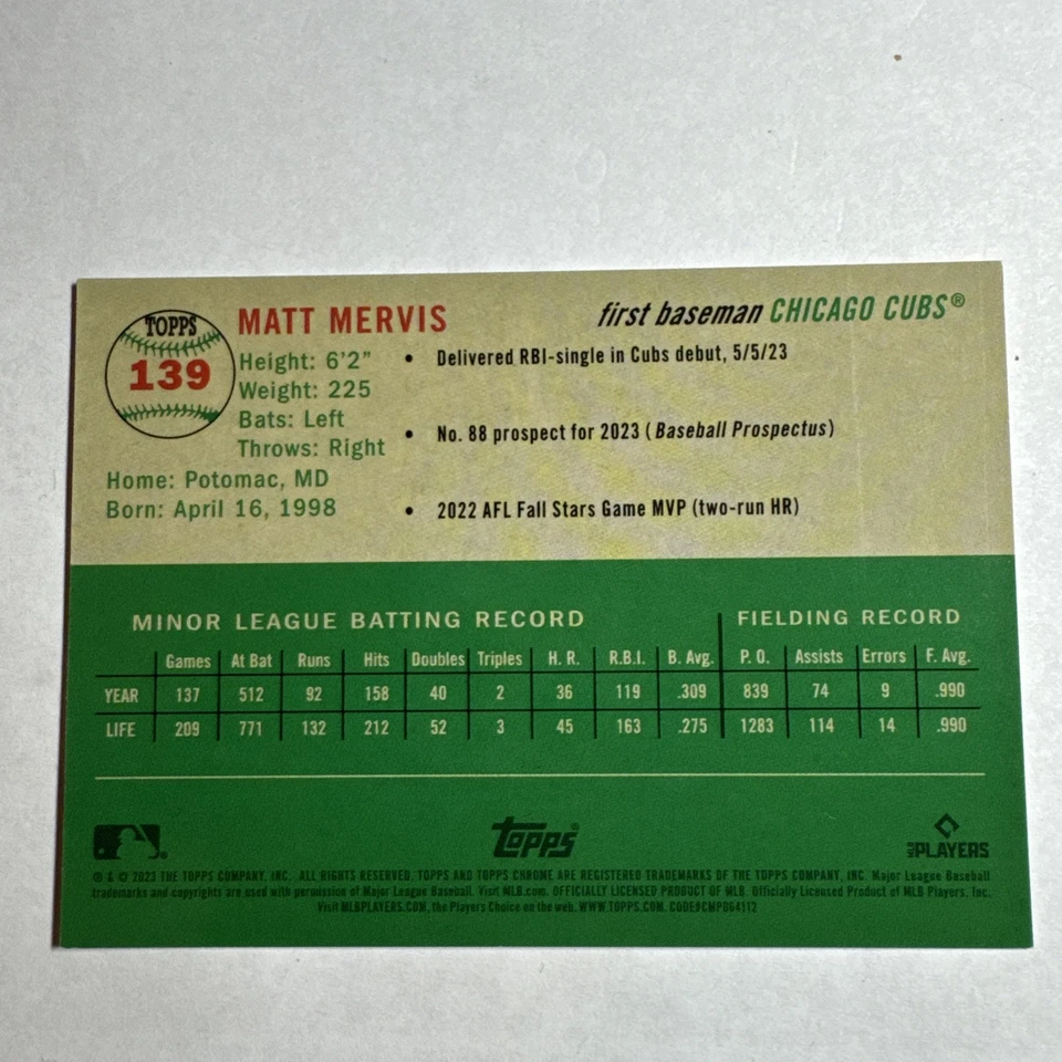 2023 Topps Platinum #139 Matt Mervis RC Orange Wave #25/25   Chicago Cubs - Image 3 of 3