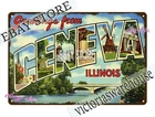 1930s-40s Greetings From Geneva Illinois linen postcard style Tin Sign deco bar