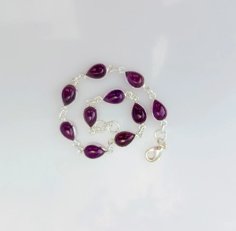 Natural Purple Amethyst Gemstone Bracelet 925 Sterling Silver Handmade Jewelry - Image 3 of 4
