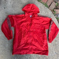 Adidas Vintage Windbreaker Jacket Red Mesh Lined Hooded Three Stripe Mens Medium