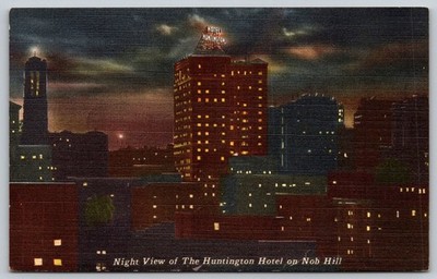 Huntington Hotel Nob Hill San Francisco Night View Linen Postcard 1940s 50s E199