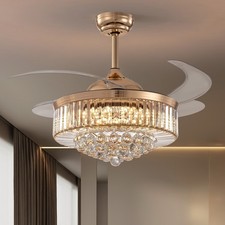 42" Retractable Crystal Ceiling Fan with light and Remote Chandelier with Fan