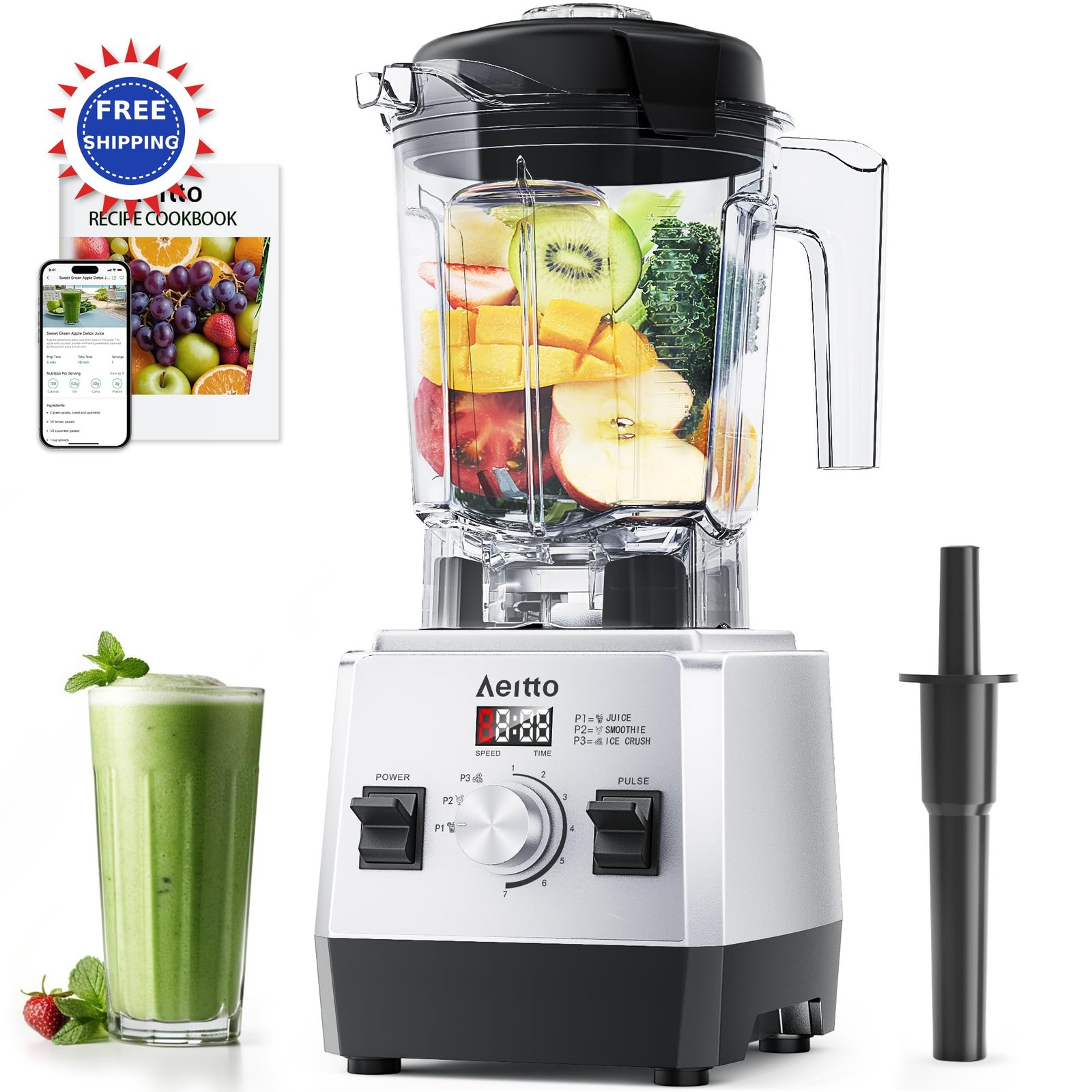 For Kitchen 68oz 1800w 3 Preset Programs 7 Speeds Silver Aeitto Power
