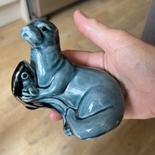 Poole Pottery Green/Teal Otter With Fish, Salmon. Good   Condition 13.5 cm