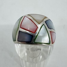 Vintage Sterling Silver Multi-Coloured Mother of Pearl Mosaic Dome Ring Size 6