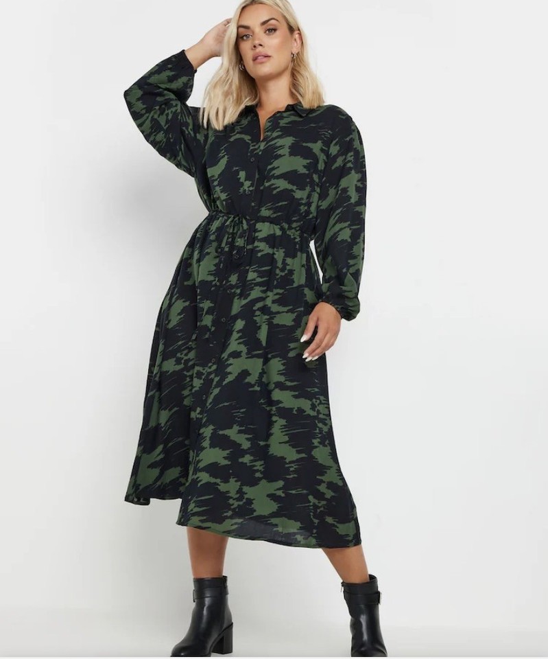 Yours Truly "Belle" Belted Midi Shirt Dress - Green & Navy Geometric Print 10Au 