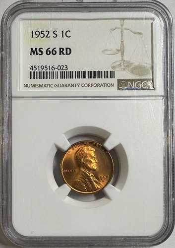 1952-S U.S. Lincoln Wheat Cent, NGC Certified MS 66 RD, GEM