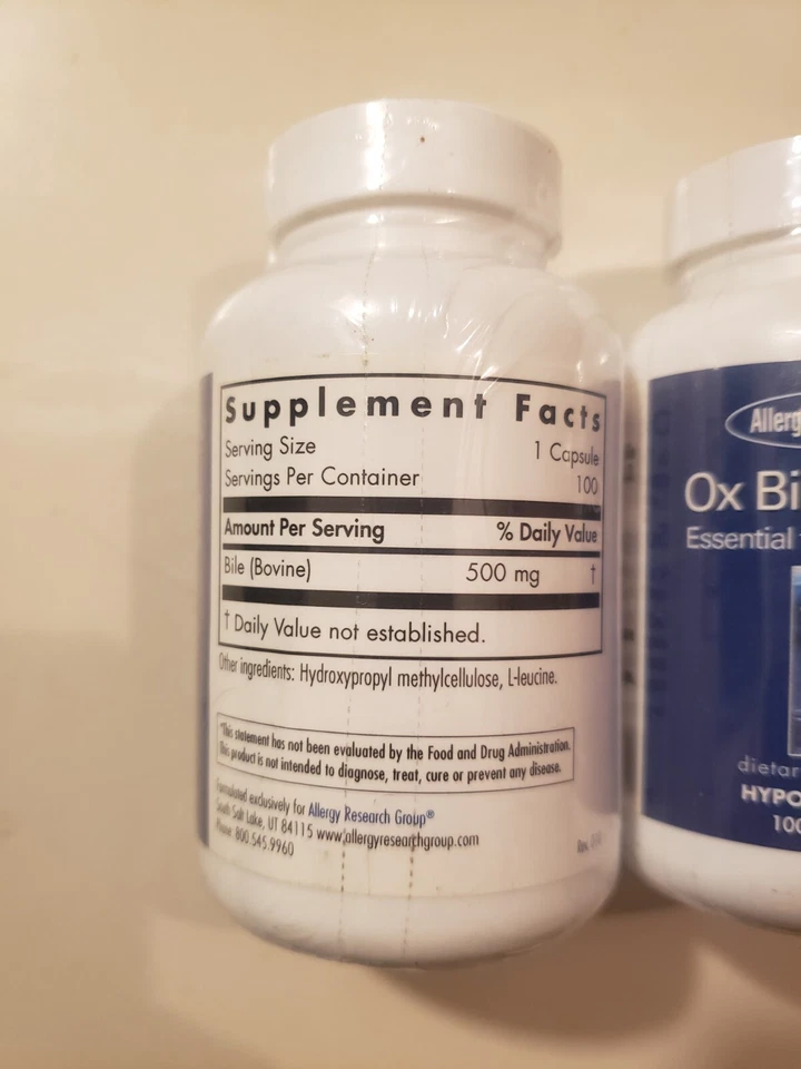 Juego de 3 botellas: bilis de buey 500 mg 100 cada botella grupo de investigación de alergias Foto 3 de 3