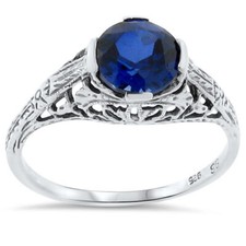 925 STERLING SILVER ART DECO STYLE 2 Ct BLUE LAB-CREATED SAPPHIRE RING   156Z