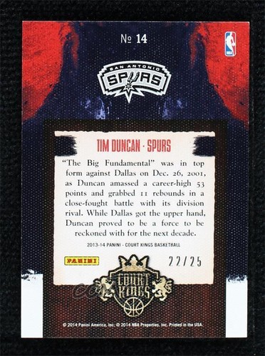 2013-14 Panini Court Kings Masterpieces Purple /25 Tim Duncan #14 HOF - Picture 2 of 3