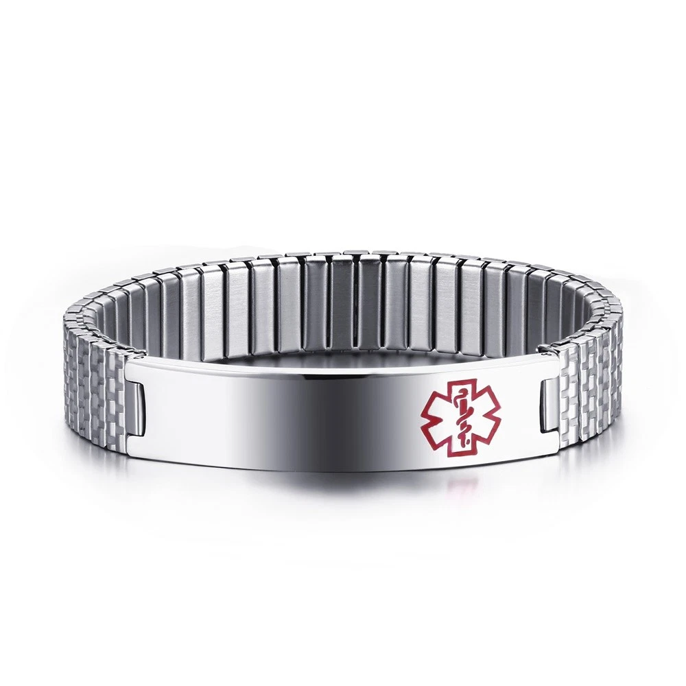 Emergency Silver Men Medical Alert ID Stretch Spring Bracelet Free