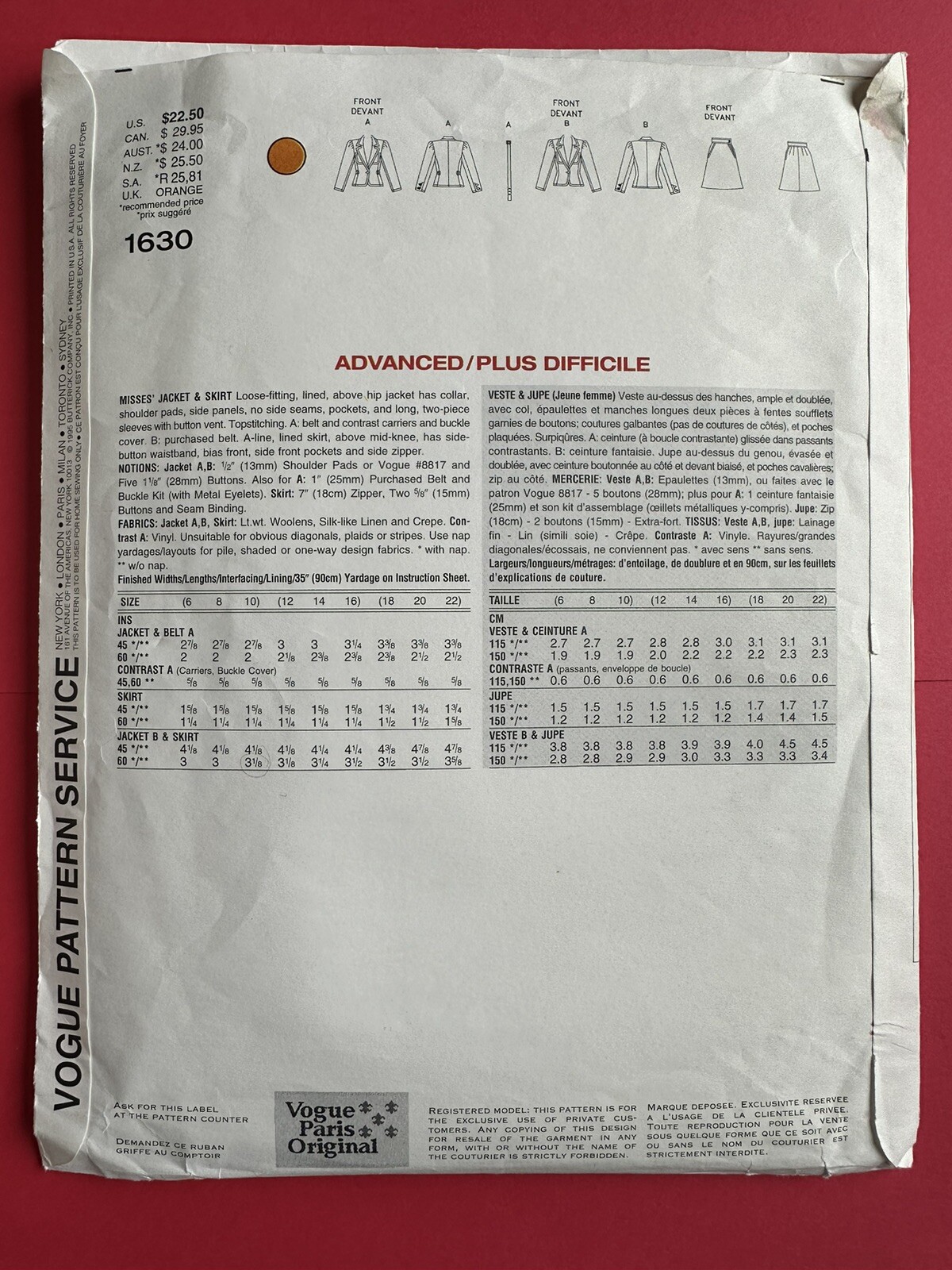 Modello originale vintage Vogue 1630 Parigi Yves Saint Laurent 6 8 10 Modello cucito