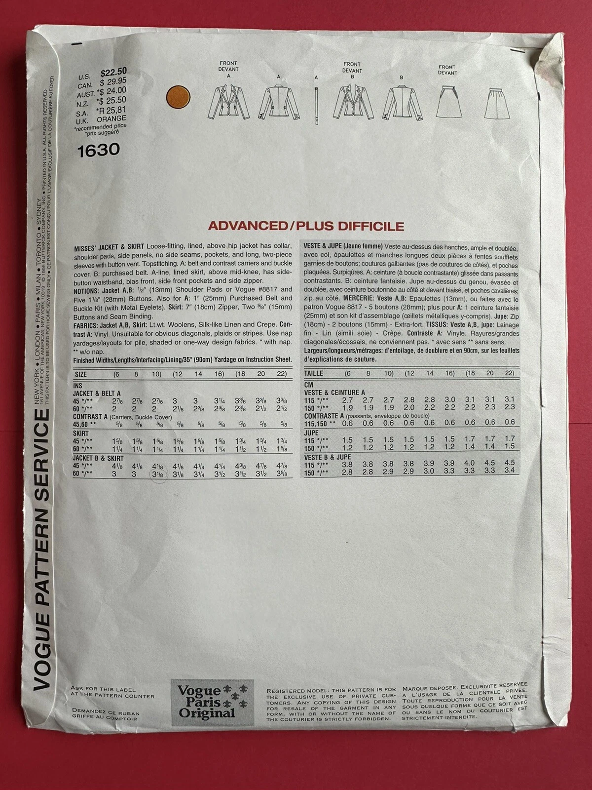 SAINT LAURENT (YSL) Modello originale vintage Vogue 1630 Parigi Yves Saint Laurent 6 8 10 Modello cucito