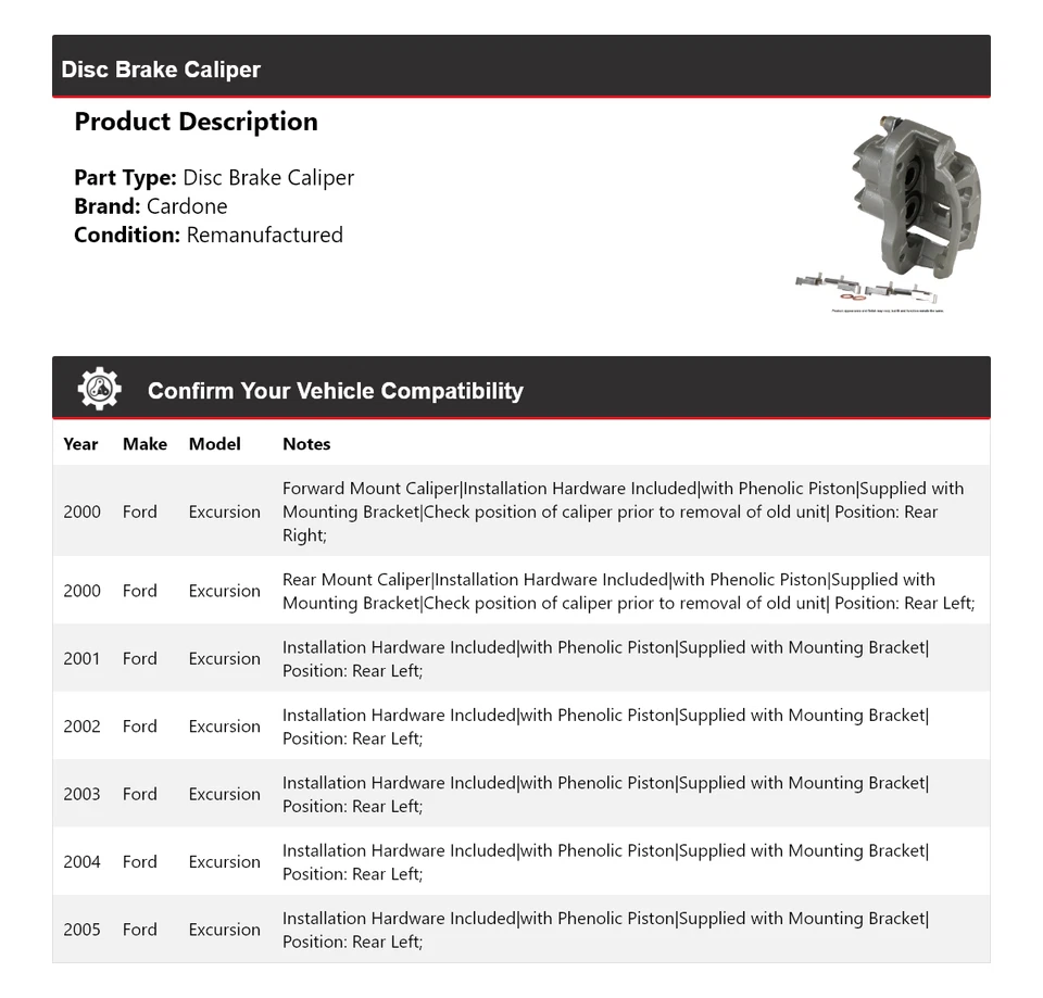 Pinza de freno de disco Cardone 2001 2002 2003 2004 para Ford Excursion 2000-2005 Foto 2 de 4