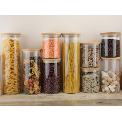 Tall Borosilicate Glass Airtight Wooden Lid Storage Jar Pasta Rice