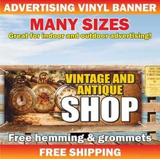 VINTAGE ANTIQUE SHOP Advertising Banner Vinyl Mesh Sign COLLECTIBLE Records Coin