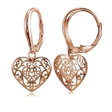 Rose Gold Flashed 925 Silver Polished Filigree Heart Danlge Leverback Earrings