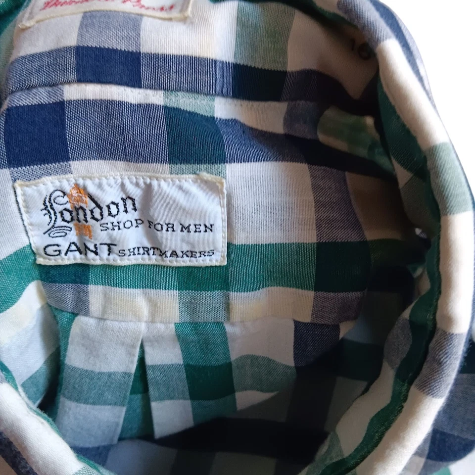 Camisa Oxford vintage Gant para hombre verde y azul a cuadros con botones talla 16-35 mediana Foto 3 de 4