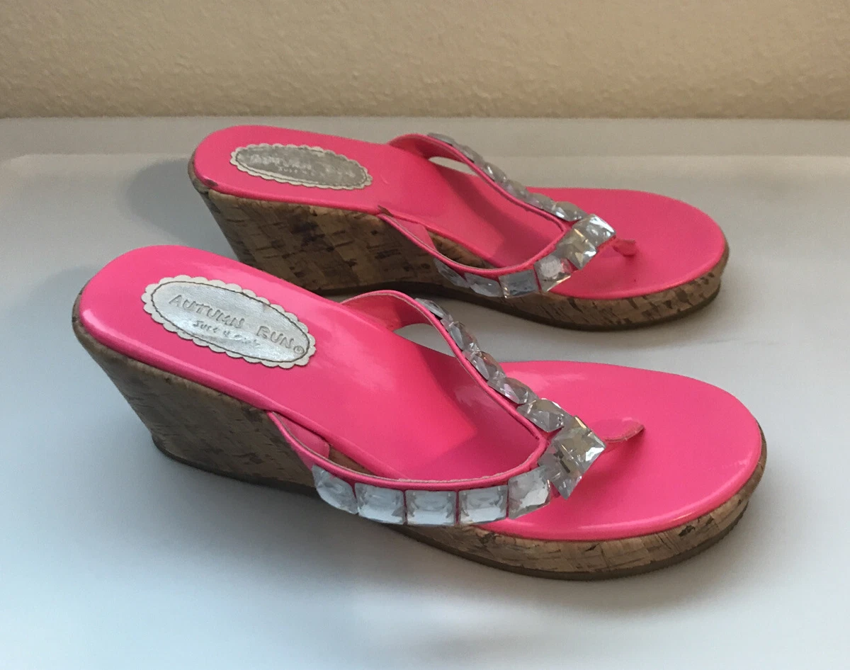 Autumn Run Cork Pink Rhinestone Wedge Sandals Size 4 eBay