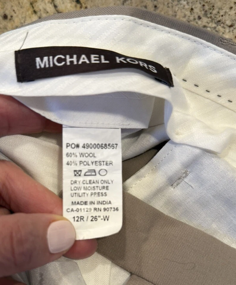 Pantalón de vestir Michael Kors para niños mezcla de lana tostada bolsillos delanteros planos talla 12R-26 cintura Foto 4 de 4