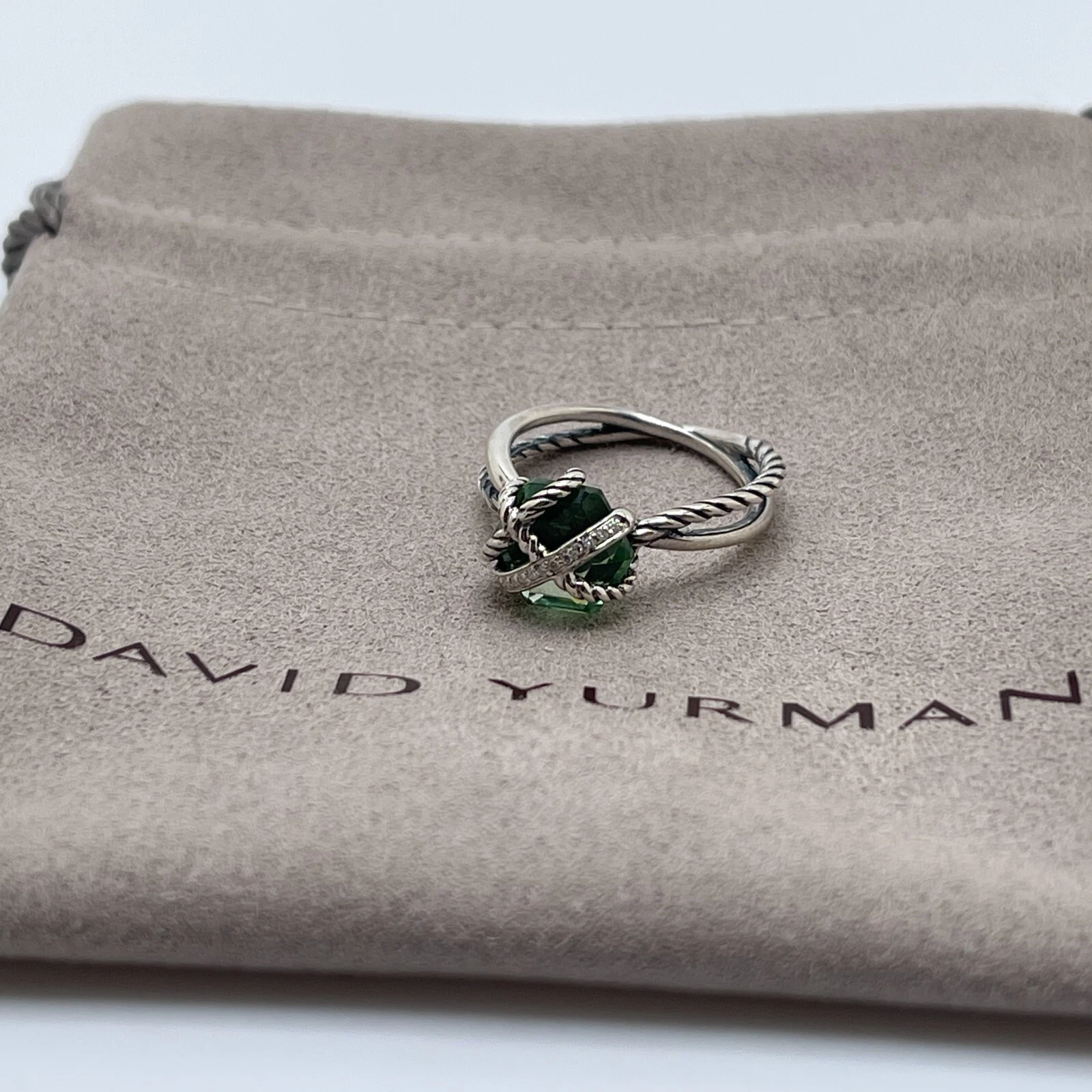 Anello David Yurman argento sterling avvolgicavo prasiolite e diamanti misura 6
