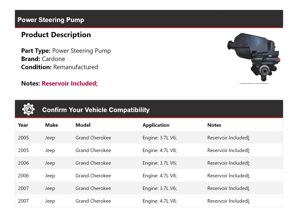 Bomba de direção hidráulica Cardone 2006 Jeep Grand Cherokee 2005-2007 - Imagem 2 de 4