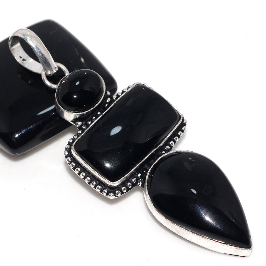 Black Onyx 925 Silver Plated Long Gemstone Handmade Pendant 2.7