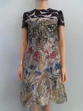 Valentino Black/Multicolor Floral & Bird Jacquard A-Line Dress US 6