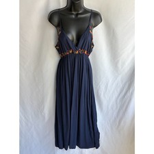 JSY Navy Blue Maxi Dress Floral Size M A Line Sundress Surplice Boho Romantic