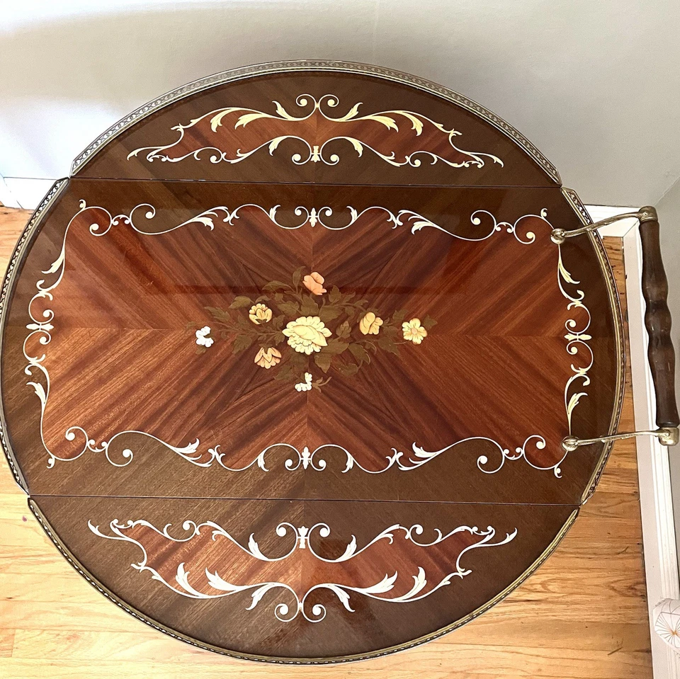 Carro de bar de marquetería italiano vintage con incrustaciones de madera MCM carro de servir hojas caídas Foto 4 de 4