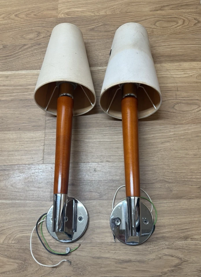 Vintage Taller Uno Wall sconces Lamps 0551  23” tall Wood Stems / w Chrome Base - Image 2 of 4