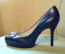 NINE WEST BLACK LEATHER PLATFORMS w DECO BUCKLE. 8 1/2M, 4" HEEL. NEW W/O BOX